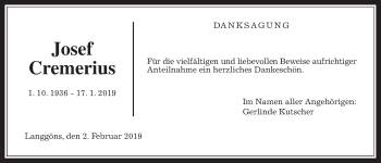 Traueranzeige von Josef Cremerius von Giessener Allgemeine, Alsfelder Allgemeine
