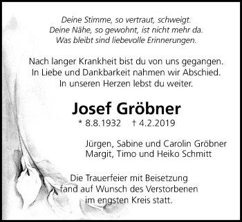 Traueranzeige von Josef Gröbner von Licher Wochenblatt, Licher Wochenblatt, Licher Wochenblatt