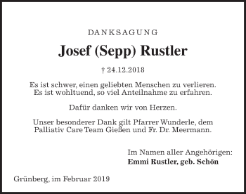 Traueranzeige von Josef Rustler von Giessener Allgemeine, Alsfelder Allgemeine