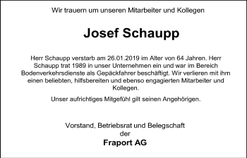 Traueranzeige von Josef Schaupp von Wetterauer Zeitung, Wetterauer Zeitung