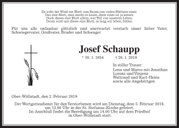 Traueranzeige von Josef Schaupp von Wetterauer Zeitung, Wetterauer Zeitung