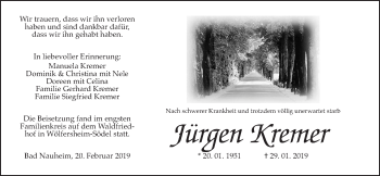 Traueranzeige von Jürgen Kremer von Wetterauer Zeitung, Wetterauer Zeitung