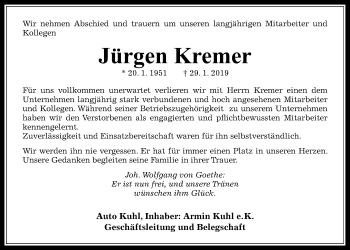 Traueranzeige von Jürgen Kremer von Wetterauer Zeitung, Wetterauer Zeitung