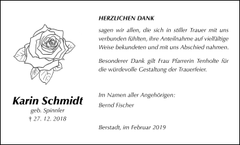Traueranzeige von Karin Schmidt von Wetterauer Zeitung, Wetterauer Zeitung