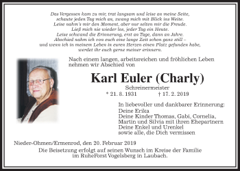 Traueranzeige von Karl Euler von Alsfelder Allgemeine
