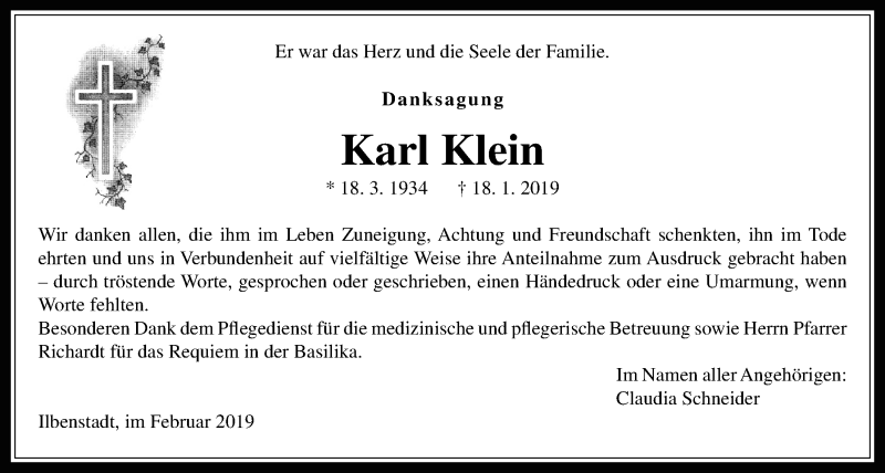  Traueranzeige für Karl Klein vom 16.02.2019 aus Wetterauer Zeitung, Wetterauer Zeitung