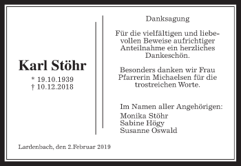 Traueranzeige von Karl Stöhr von Giessener Allgemeine, Alsfelder Allgemeine