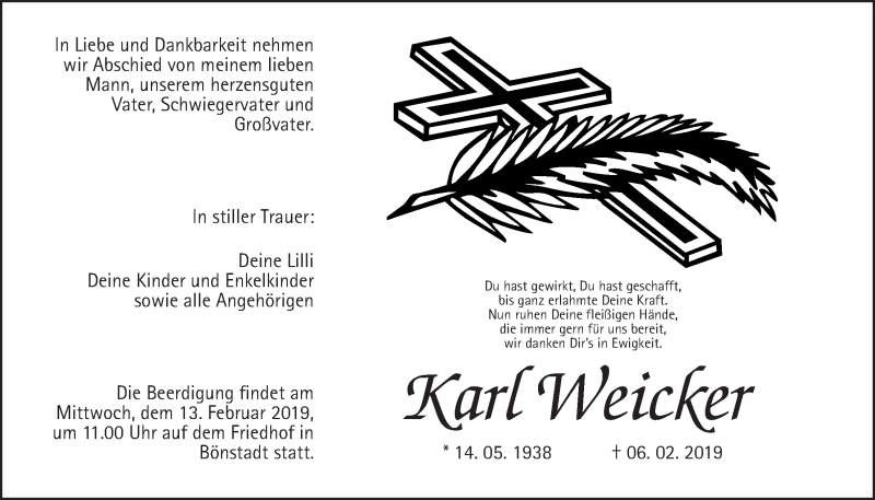  Traueranzeige für Karl Weicker vom 09.02.2019 aus Wetterauer Zeitung, Wetterauer Zeitung