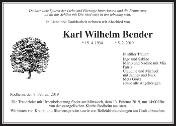 Traueranzeige von Karl Wilhelm Bender von Giessener Allgemeine, Alsfelder Allgemeine