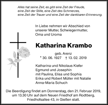 Traueranzeige von Katharina Krambo von Giessener Allgemeine, Alsfelder Allgemeine