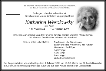 Traueranzeige von Katharina Wesolowsky von Giessener Allgemeine, Alsfelder Allgemeine