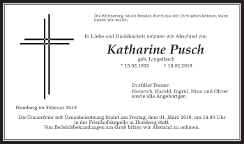 Traueranzeige von Katharine Pusch von Alsfelder Allgemeine