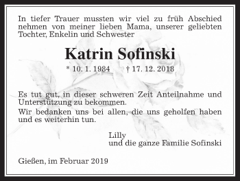 Traueranzeige von Katrin Sofinski von Giessener Allgemeine, Alsfelder Allgemeine