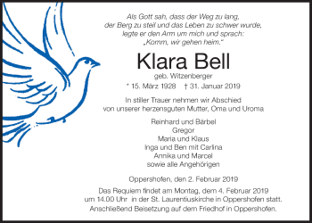Traueranzeige von Klara Bell von Wetterauer Zeitung, Wetterauer Zeitung