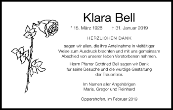 Traueranzeige von Klara Bell von Wetterauer Zeitung, Wetterauer Zeitung