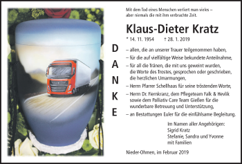 Traueranzeige von Klaus-Dieter Kratz von Alsfelder Allgemeine, Mücker Stimme