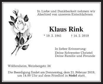 Traueranzeige von Klaus Rink von Wetterauer Zeitung, Wetterauer Zeitung