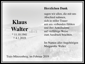 Traueranzeige von Klaus Walter von Licher Wochenblatt, Licher Wochenblatt, Licher Wochenblatt