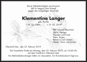 Traueranzeige von Klementine Langer von Giessener Allgemeine, Alsfelder Allgemeine