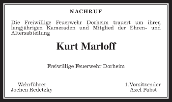 Traueranzeige von Kurt Marloff von Wetterauer Zeitung, Wetterauer Zeitung