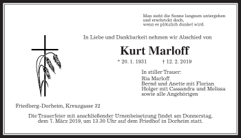 Traueranzeige von Kurt Marloff von Wetterauer Zeitung, Wetterauer Zeitung
