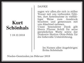 Traueranzeige von Kurt Schönhals von Alsfelder Allgemeine