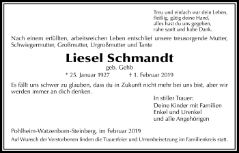 Traueranzeige von Liesel Schmandt von Pohlheimer Nachrichten