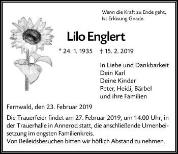 Traueranzeige von Lilo Englert von Giessener Allgemeine, Alsfelder Allgemeine
