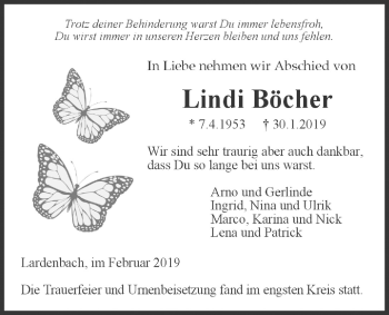 Traueranzeige von Lindi Böcher von Giessener Allgemeine, Alsfelder Allgemeine