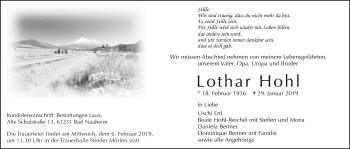 Traueranzeige von Lothar Hohl von Wetterauer Zeitung, Wetterauer Zeitung