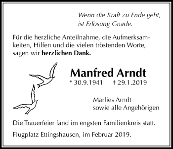 Traueranzeige von Manfred Arndt von Licher Wochenblatt, Licher Wochenblatt, Licher Wochenblatt