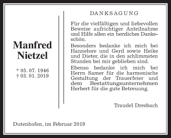 Traueranzeige von Manfred Nietzel von Giessener Allgemeine, Alsfelder Allgemeine