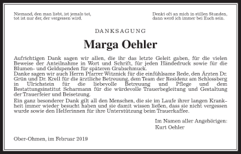 Traueranzeige von Marga Oehler von Alsfelder Allgemeine