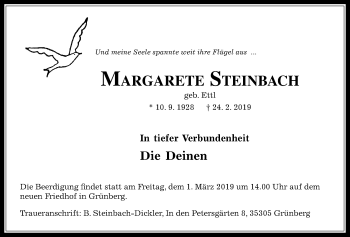 Traueranzeige von Margarete Steinbach von Giessener Allgemeine, Alsfelder Allgemeine