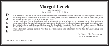 Traueranzeige von Margot Lenck von Alsfelder Allgemeine