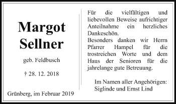 Traueranzeige von Margot Sellner von Giessener Allgemeine, Alsfelder Allgemeine