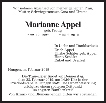 Traueranzeige von Marianne Appel von Giessener Allgemeine, Alsfelder Allgemeine