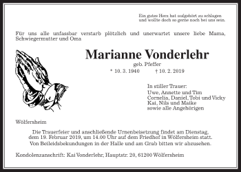 Traueranzeige von Marianne Vonderlehr von Wetterauer Zeitung, Wetterauer Zeitung