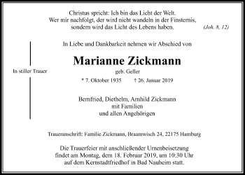 Traueranzeige von Marianne Zickmann von Wetterauer Zeitung, Wetterauer Zeitung