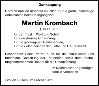 Traueranzeige von Martin Krombach von Giessener Allgemeine, Alsfelder Allgemeine