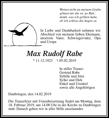Traueranzeige von Max Rudolf Rabe von Giessener Allgemeine, Alsfelder Allgemeine
