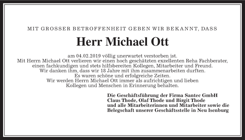  Traueranzeige für Michael Ott vom 09.02.2019 aus Wetterauer Zeitung, Wetterauer Zeitung