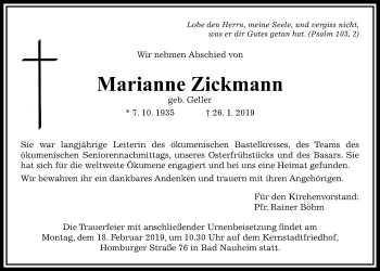 Traueranzeige von Mrianne Zickmann von Wetterauer Zeitung, Wetterauer Zeitung