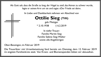 Traueranzeige von Ottilie Sieg von Licher Wochenblatt, Licher Wochenblatt, Licher Wochenblatt