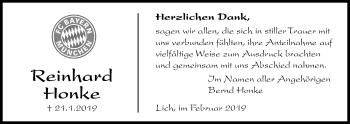 Traueranzeige von Reinhard Honke von Licher Wochenblatt, Licher Wochenblatt, Licher Wochenblatt