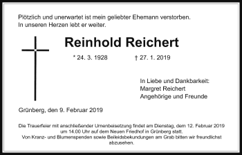 Traueranzeige von Reinhold Reichert von Giessener Allgemeine, Alsfelder Allgemeine