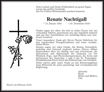 Traueranzeige von Renate Nachtigall von Giessener Allgemeine, Alsfelder Allgemeine
