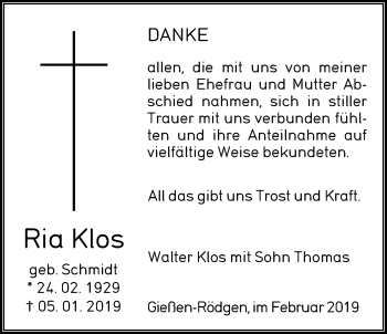 Traueranzeige von Ria Klos von Giessener Allgemeine, Alsfelder Allgemeine