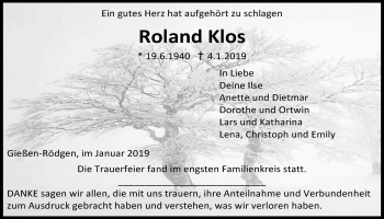Traueranzeige von Roland Klos von Giessener Allgemeine, Alsfelder Allgemeine
