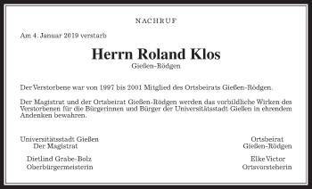 Traueranzeige von Roland Klos von Giessener Allgemeine, Alsfelder Allgemeine